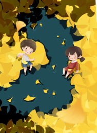 两个小孩坐在堆满银杏叶的水边玩耍，插画