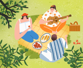 周末和朋友们在郊外野餐，商业插画