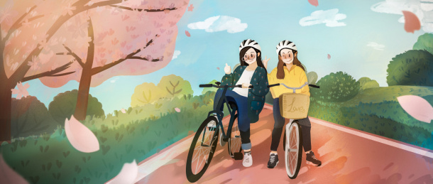 春分在樱花盛开的绿道上骑车的女孩插画
