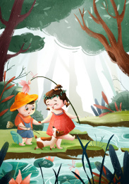 树林小河边的男孩与女孩