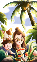 在草丛里发现蘑菇的母女两