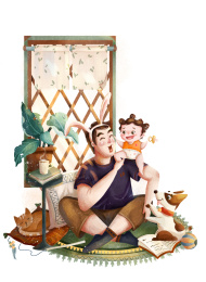 爸爸与女儿的快乐时光 场景插画