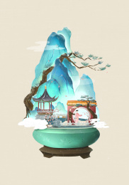 雪中男孩为女孩撑伞的微观园林山水