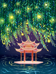 国风西湖柳树风景插画