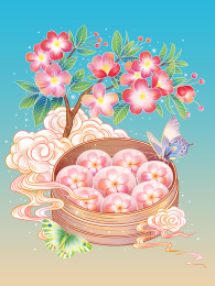 国风樱花水晶月饼蝴蝶插画