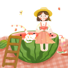 手绘吃西瓜的小女孩