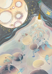 中国风莫兰迪文艺清新高级色彩奇幻夜晚月球