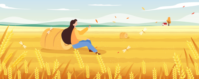 女孩在秋天麦田金黄麦子里