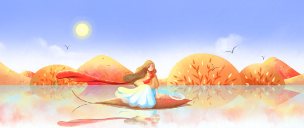 白露，深秋，少女以树叶为船漂浮在水面上