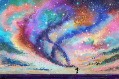 一个女孩在奔跑，背景是色彩斑斓梦幻的星空