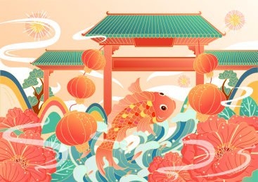 鲤鱼跳龙门国风插画