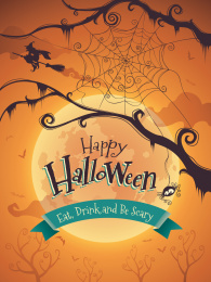 万圣节快乐。乐趣蜘蛛网主题海报。