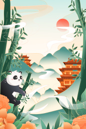 熊猫和南昌滕王阁建筑风景矢量插画