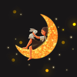 穿裙子的小女孩中秋节抱着月兔坐在月亮上