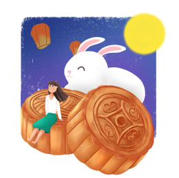 中秋节坐在月饼上的女孩和兔子