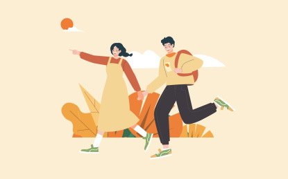 牵手奔跑的情侣插画