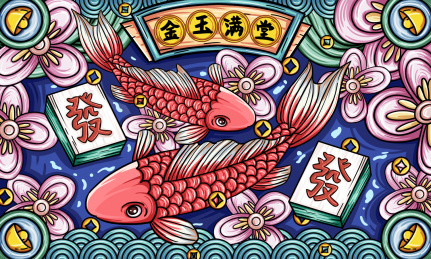 国潮风锦鲤发财好运手绘插画