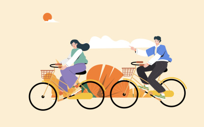 一对情侣骑单车插画