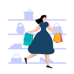 穿裙子的女生购物时拿着购物袋路过货柜