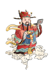 手抱元宝和电脑的吉祥门神财神图