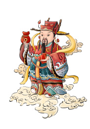 左手拿红包右手捧福袋的财神门神图