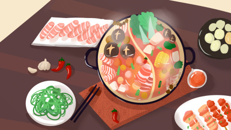 香辣火锅食物餐桌插画