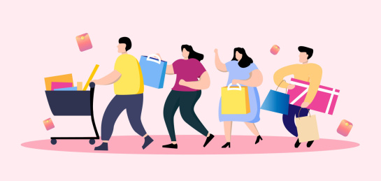 男人和女人拿着购买的物品排队结账