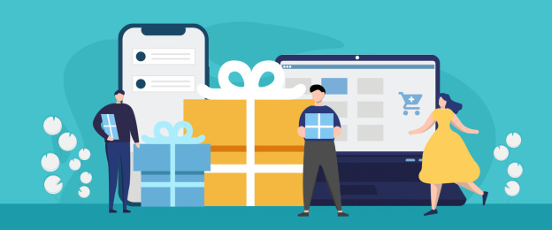 男人们从电脑和手机中购买很多商品和礼物