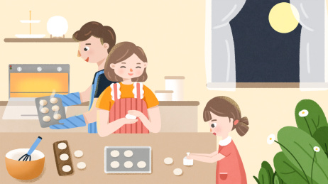 中秋节爸爸妈妈孩子一起开心的做月饼