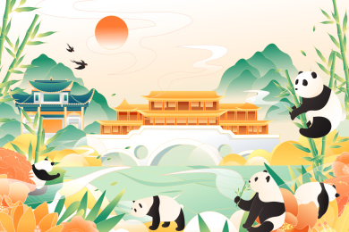 中国四川建筑群熊猫中国风矢量插画