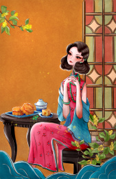 中秋  民国旗袍美人寄相思 月饼 花格窗