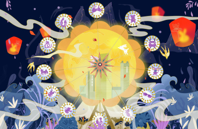 中秋国庆节日中国风中式含十二生肖插画