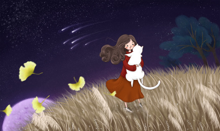 在草原风中抱着猫的女孩