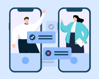 男人和女人用手机发信息沟通会议相关事务