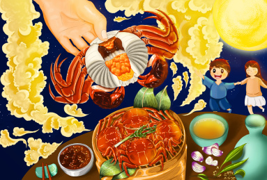中秋节吃鲜美可口的螃蟹