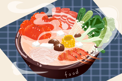 海鲜火锅蓝桌布矢量插画