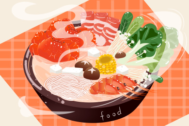 海鲜火锅桔桌布矢量插画