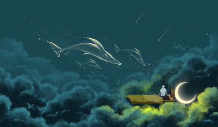 夜晚坐在床上失眠的人唯美插画