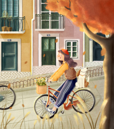 女孩在黄昏的街道上骑着自行车