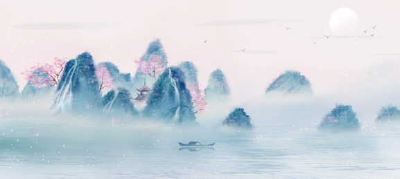 意境海上水墨山水画