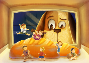 小狗发现了烤箱里在玩耍的小孩