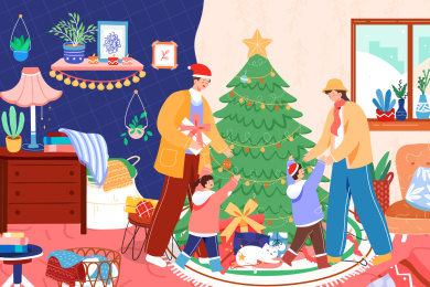 圣诞节平安夜家人团圆矢量插画