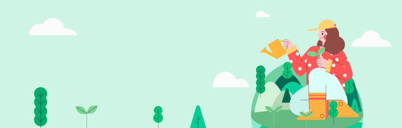 坐在绿色地球上植树的女孩矢量插画