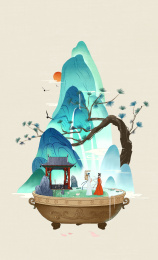 国风微观山水画-宁采臣聂小倩初相遇