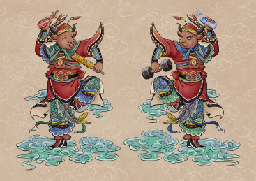 趣味双牛门神（无边框）