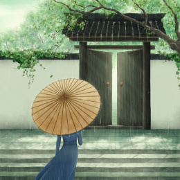 雨天院门外的打油纸伞的人