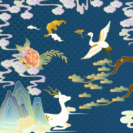 中国风古典仙鹤云纹和鹿底纹背景插图