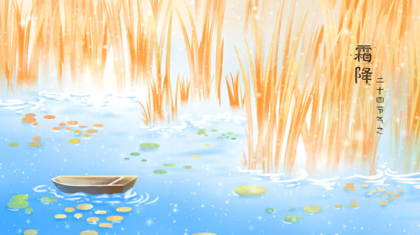 高大的芦苇与水面上漂浮的一艘小木船