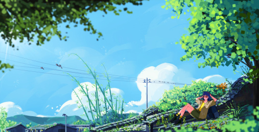 蓝天白云绿意盎然古建筑上绘小女孩卡通背景