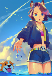 二次元女孩和柯基犬在大海，二次元插画